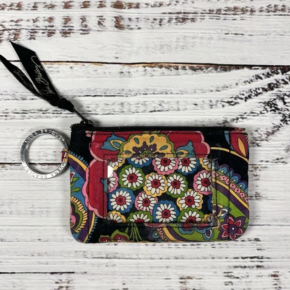 Vera Bradley Black Pink Paisley Zip ID Case Card Wallet Coin Purse Colorful